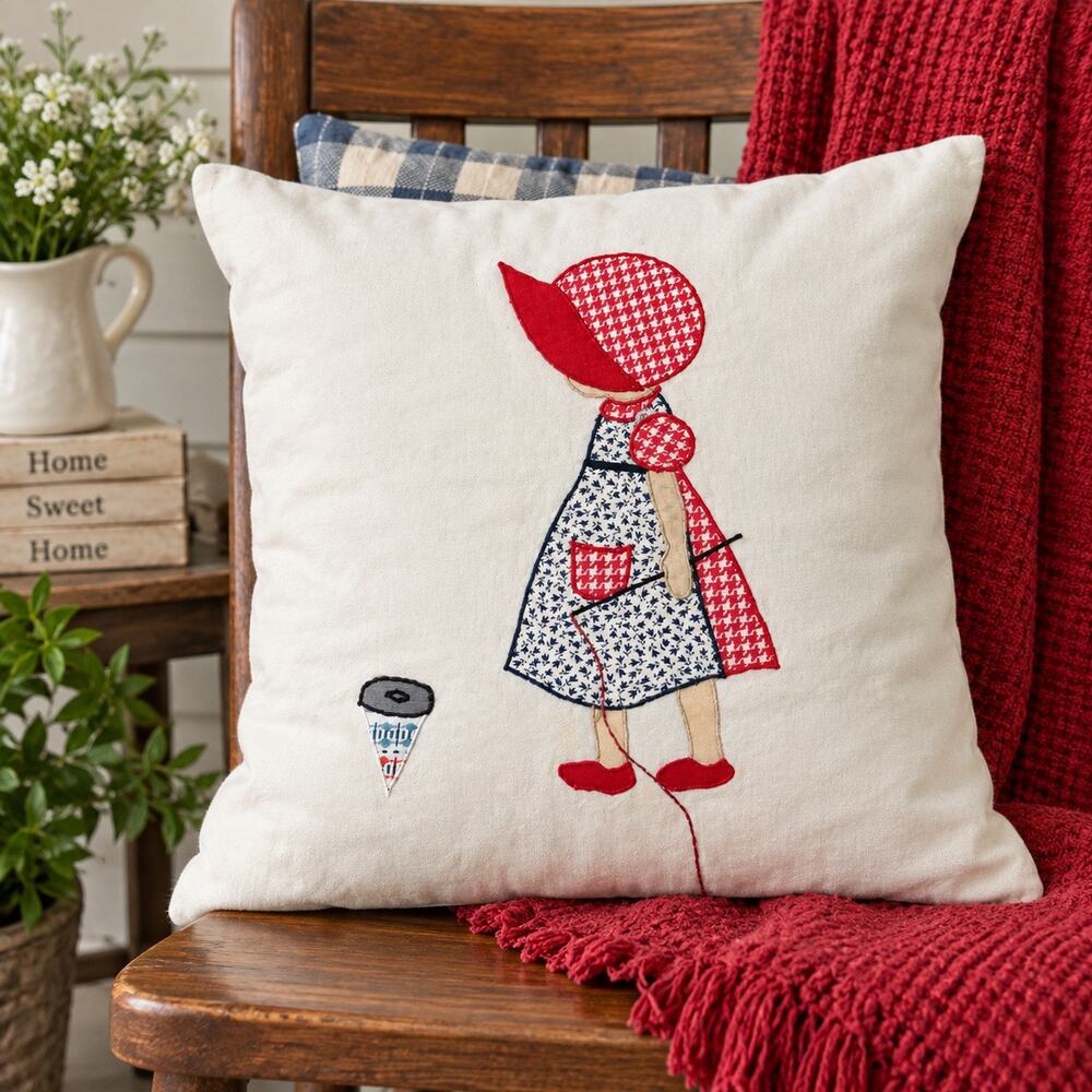 Handmade Sunbonnet Sue Appliqué Pillow Cover Red White Blue Folk Art 14”